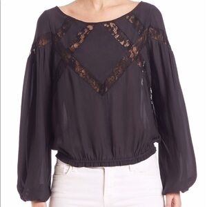 Free People Geometry Lesson Black Lace Bohemian Blouse Size XS